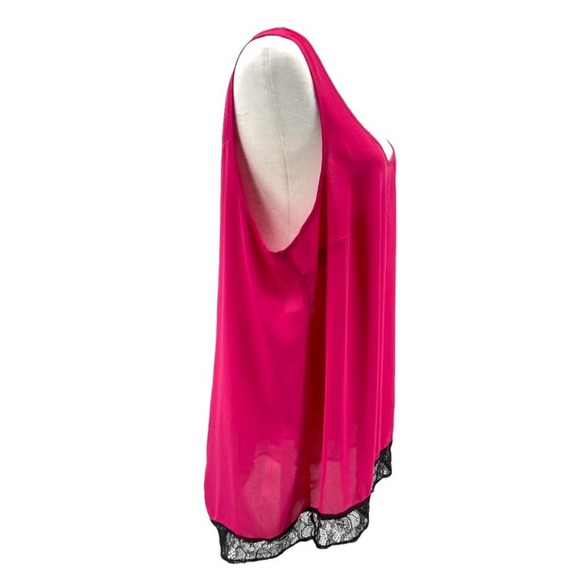 Torrid Fuchsia Sheer Sleeveless Scoop Neck Blouse Slit Back & Black Lace Trim - Picture 2 of 11